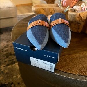 Cole Haan Denim Blue and Tan Slip-Ons